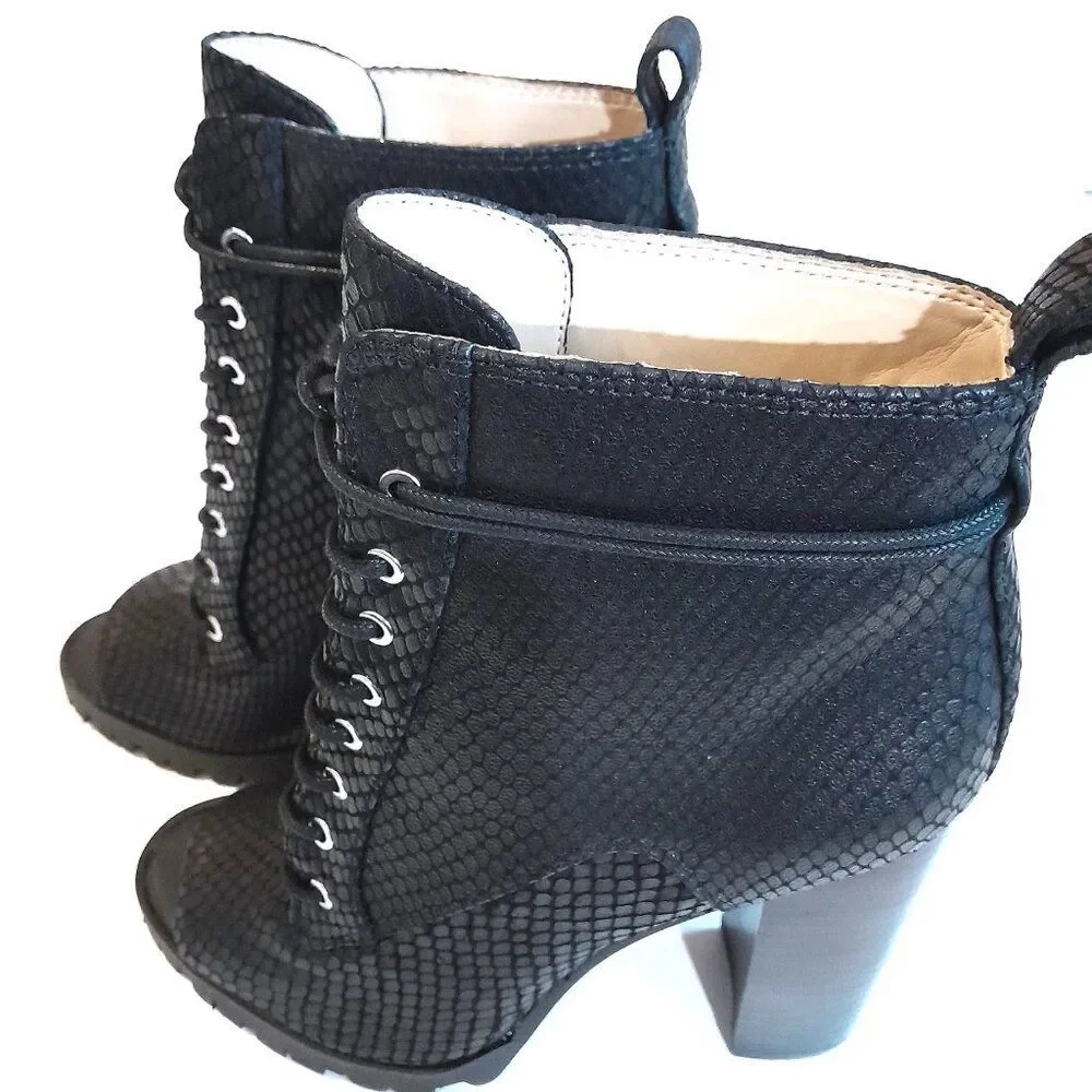 Katy Perry the Monica-Snake Emboss Open Toe Black Ankle Boot Size 5.5M